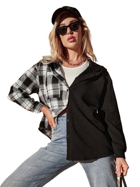

plaid drop shoulder hooded coat q0nj#, Black