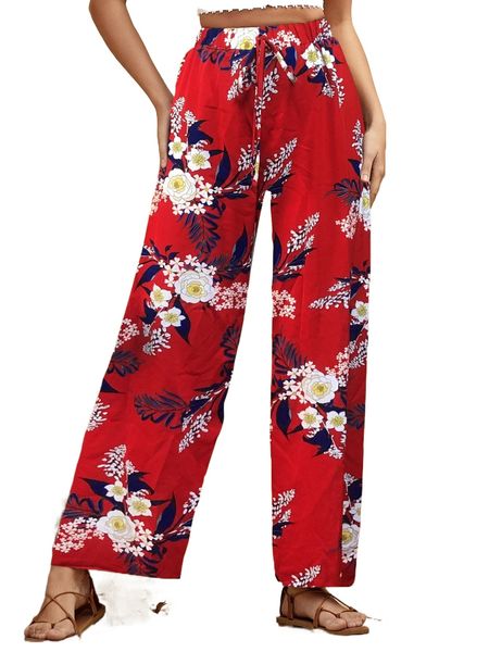 

floral print tie front wide leg pants 35iv#, Black;white