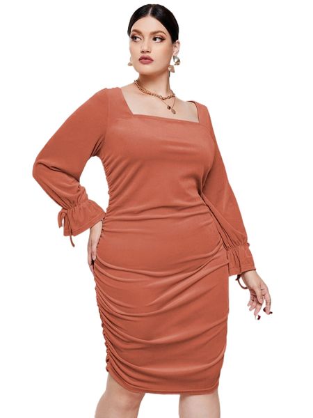 

plus square neck flounce sleeve ruched side velvet bodycon dress o4mf#, Black