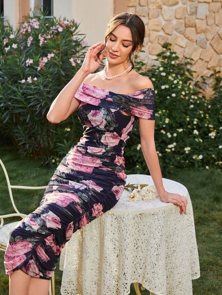 

allover floral print off shoulder dress x78p#, Black;gray