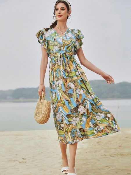 

ruffle cuff allover floral belted dress g7bd#, Black;gray