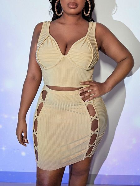 

sxy plus bustier tank & crisscross cut out bodycon skirt c9vh#, Black