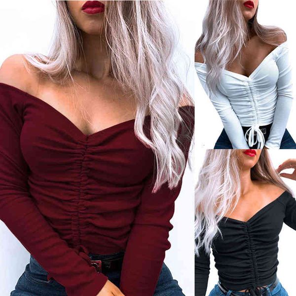 

women's t-shirt autumn winter one line collar simple drawstring slim fit short long sleeve o9mb, White
