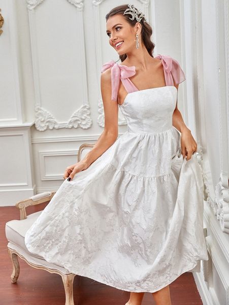 

contrast panel tie shoulder jacquard ruffle hem dress t83i#, Black;gray