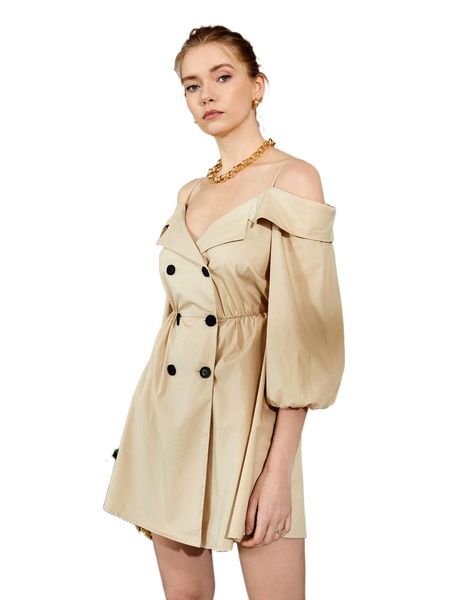

lantern sleeve cold shoulder double breasted dress e63m#, Black;gray