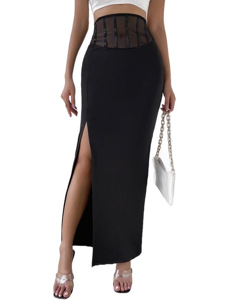 

contrast mesh split thigh skirt p6cl#, Black