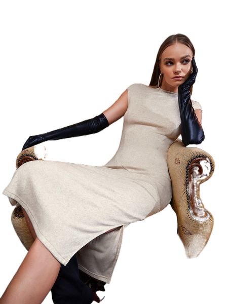 

x t. alondra solid split thigh dress t0rj#, Black;gray