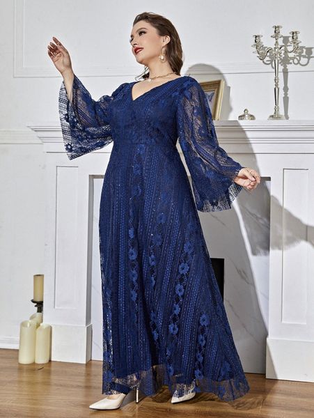 

plus lace flounce sleeve maxi dress b40d#, Black