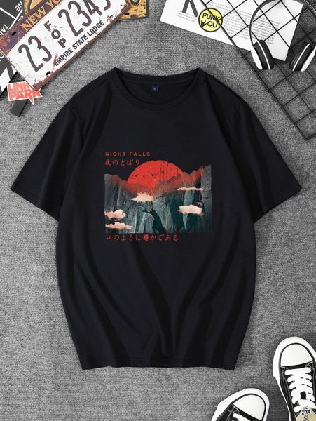 

men scenery & japanese letter graphic tee l0qy#, White;black