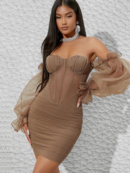 

tulle off the shoulder bodycon mini dress b6gp#, Black;gray