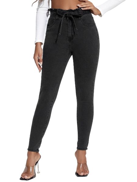 

paperbag waist belted skinny jeans m2df#, Blue