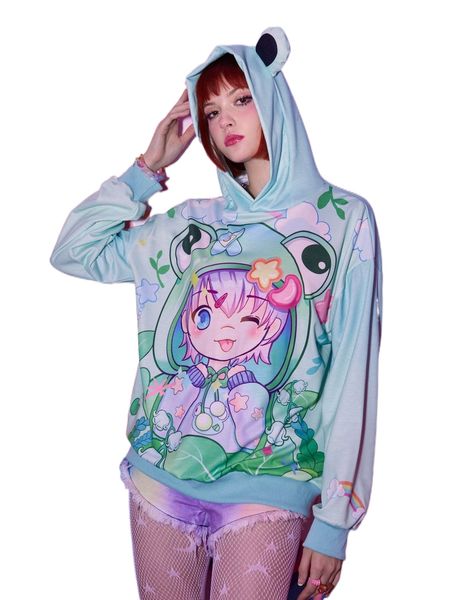 

romwe anime cartoon figure print hoodie h66k#, Black