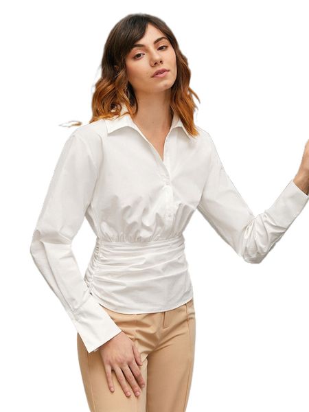 

drop shoulder ruched wide hem blouse i8of#, White