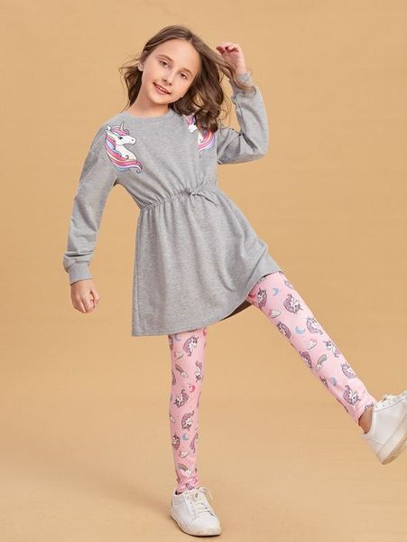 

girls unicorn print drop shoulder & leggings she, White