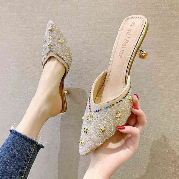 

slippers pointed toe sandals women s summer new breathable rhinestone stilettos outer wear 220516, Black
