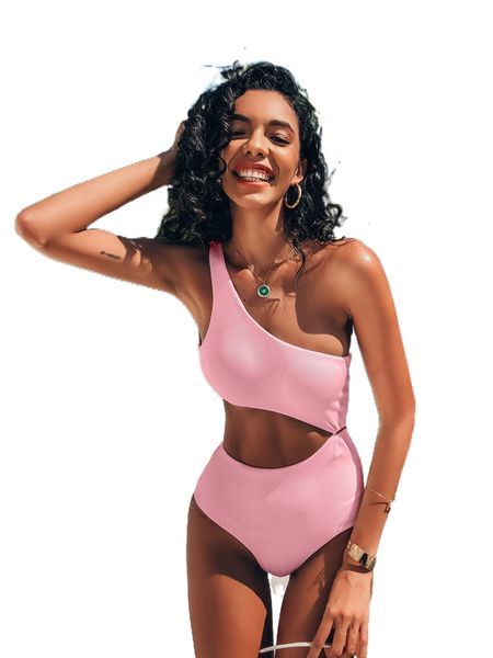 

plain rib cut-out one piece swimsuit 32re#, White;black