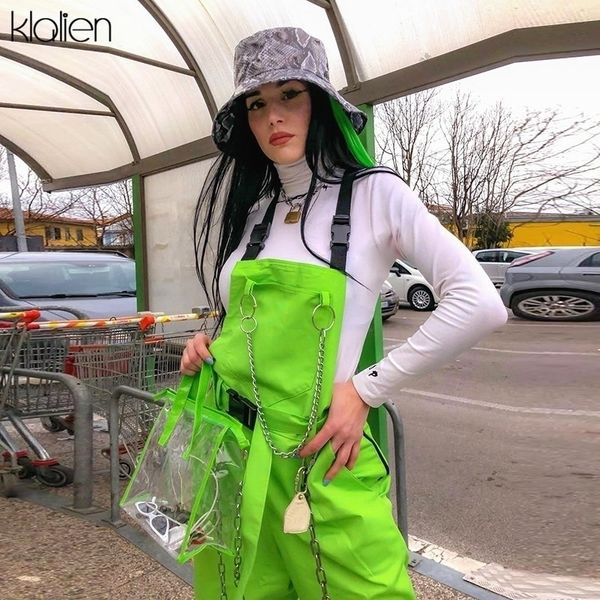 

klalien shoulders bag buckles belt pocket zipper center with chain streetwear overalls fluorescent green pants y200418, Black;white