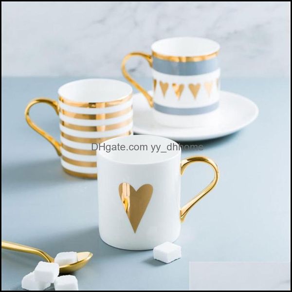 Tazze Bicchieri Cucina Sala da pranzo Bar Casa Giardino Tazza da latte in ceramica creativa Love Star Stripe Pattern Placcatura in oro Maniglia Cup Off Dhdxj