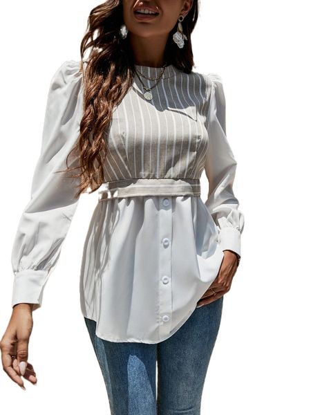 

striped puff sleeve button front 2 in 1 blouse e3ps#, White