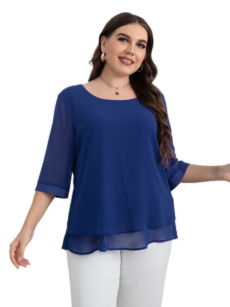 

plus solid layered hem blouse e7n8#, Black