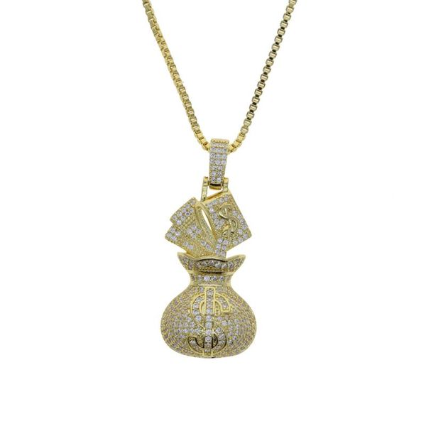 

chains punk rock fashion iced out bling 5a cubic zircon paved us dollar money bag pendant box chain necklaces hip hop jewelry for womenchain, Silver