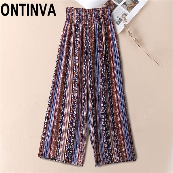 

women tribal print shirred waist boho print wide leg pants ladies summer loose trousers holiday beach ropa mujer 201228, Black;white