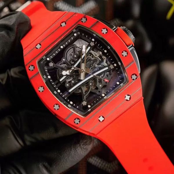 

9 styles carbon fiber case skeleton watch men's luxury rubber strap all functional works mechanical automatic winding watch, Slivery;brown