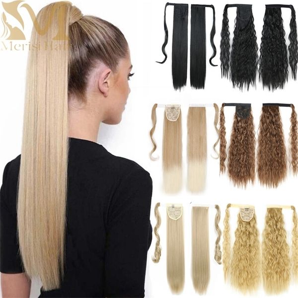 

merisihair synthetic long straight wrap around clip in tail hair heat reistan tail fake 220715, Black