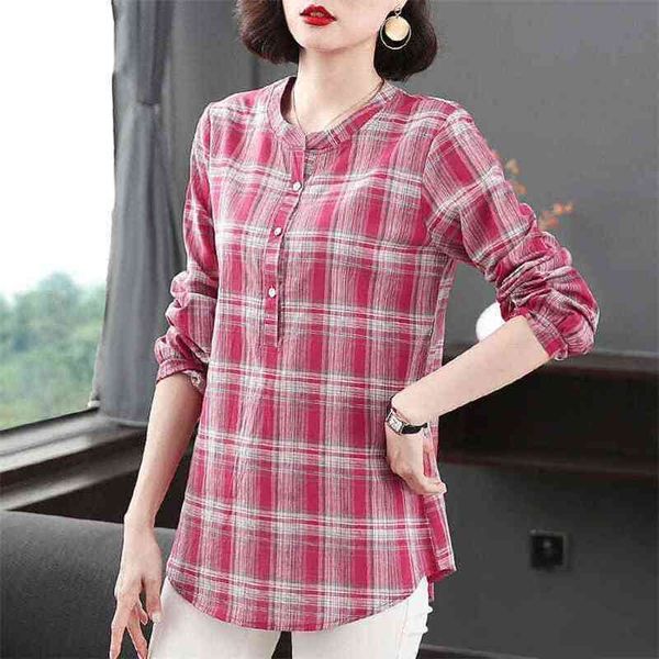 

womens spring autumn style cotton blouses shirt womens oneck long sleeve button plaid korean elegant dd9114 210401, White