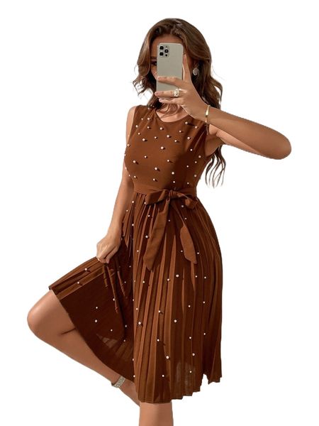 

p.earls beaded p.leated hem b.elted d.ress 78qm#, Black;gray