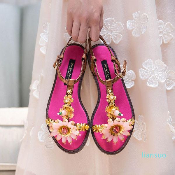 

dress shoes hand sewn diamond ladies luxury flat open toe sandals buckle t-strap round shoes, Black