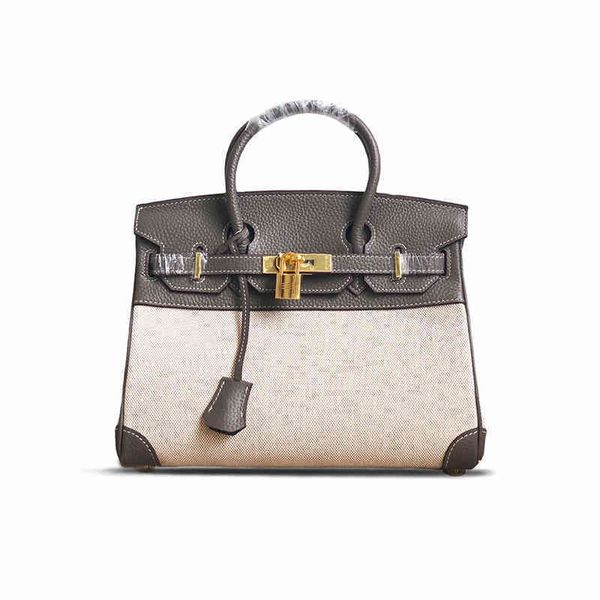 

designer birkins handbags outlet east gate leather splicing contrast canvas single shoulder 30cm portable messenger bag