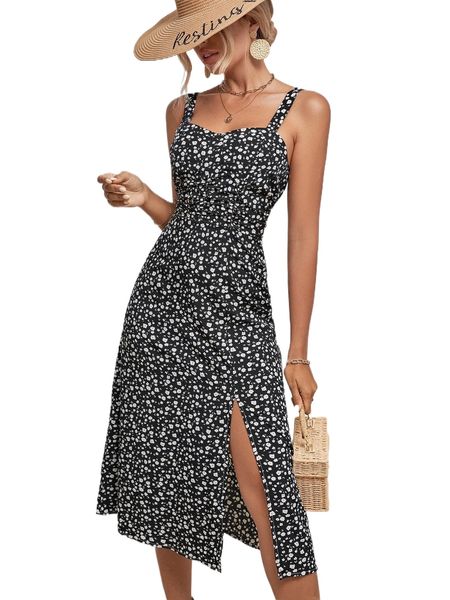 

high split ditsy floral cami dress d6sy#, Black;gray
