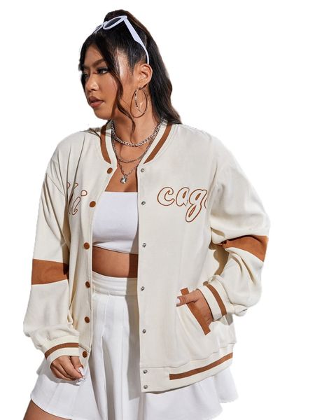 

plus letter graphic striped trim drop shoulder bomber jacket f6sk#, Black