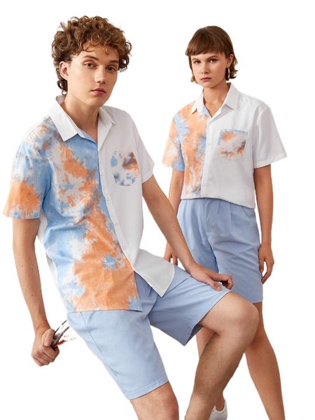 

1pc tie dye button front shirt u7it#, White;black