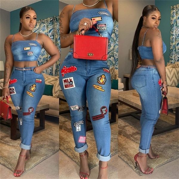 

denim two piece set women tracksuit summer clothes cartoon patch strappy vest crop and skinny pants suits jeans outfits 220602, Gray
