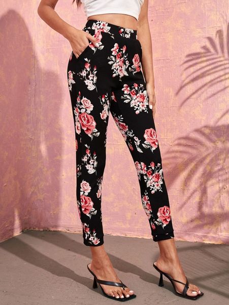 

allover floral print pants 61vz#, Black;white