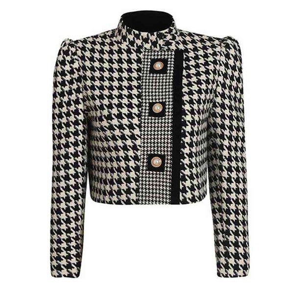 

woolen houndstooth blazer new designer 2021 autumn winter elegant fashion stand collar diagonal button short jacket women j220813, White;black