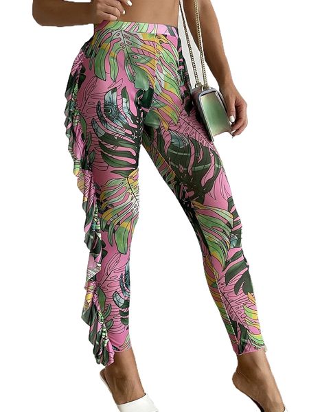 

random plant print ruffle trim cover up c14k#, White;black