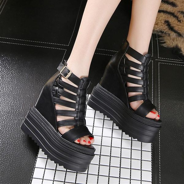 

slippers 15cm super high heel hollow fish mouth women's shoes wedge sandals thick bottom sponge cake rome summer style, Black
