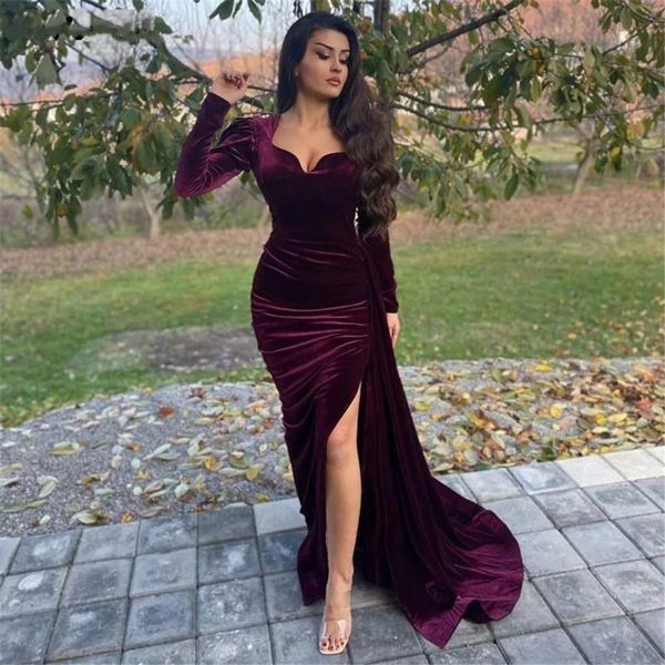 

long sleeve mermaid evening dresses 2022 side split formal arabic party prom gown for women pleat sweep train open back, Black;red