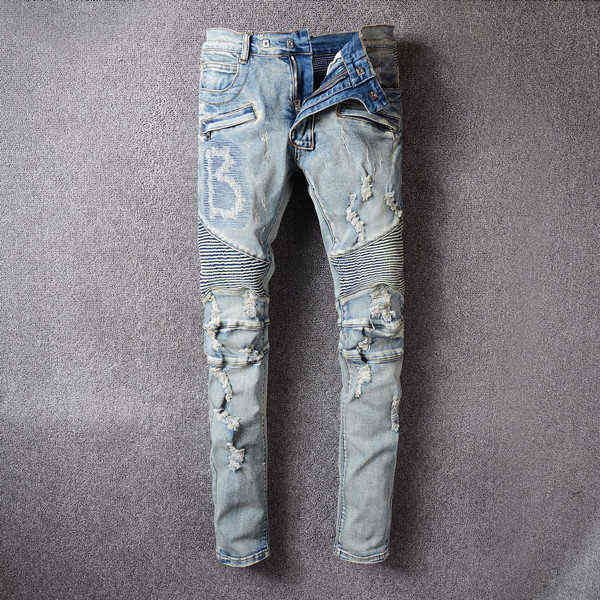 

2022 mens jeans distressed motorcycle biker jean rock skinny slim ripped hole letter quality brand hip hop denim pants, Blue