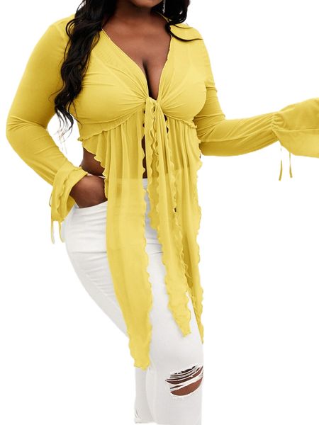 

plus tie front draped bell sleeve sheer without bra s10i#, Black