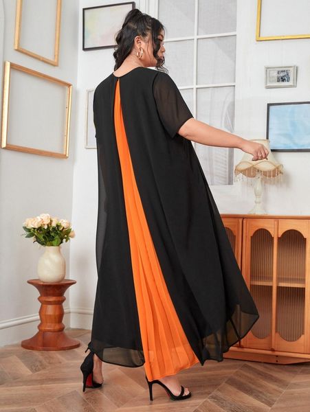 

plus colorblock pleated high low hem dress i8zj#, Black