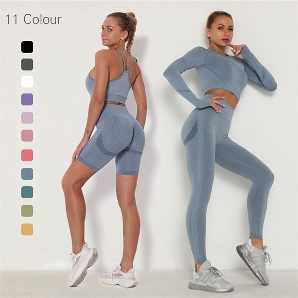 Nahtlose Frauen Gym Set Langarm Top Hohe Taille Bauch Kontrolle Sport Leggings Kleidung Anzug Sexy Booty Mädchen 220330