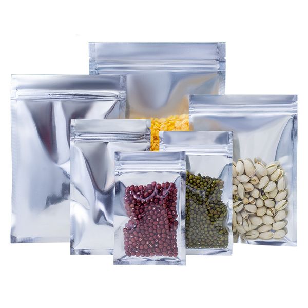 

100pcs clear front silver aluminum foil zip lock packaging bags resealable heat sealing snack coffee beans powder sugar cereals beaf gifts s