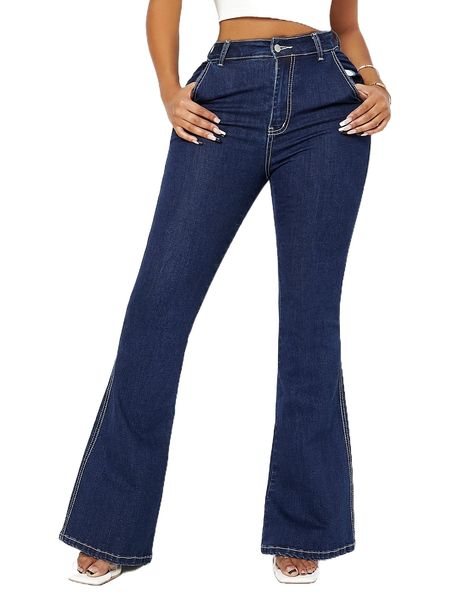 

sxy high waisted zip up flare leg jeans r3tx#, Blue