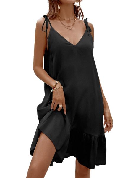 

tie shoulder ruffle hem cover up dress without belt m1s0#, White;black