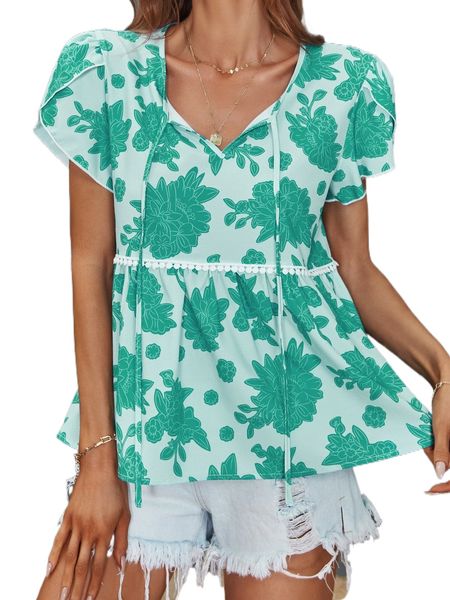 

allover floral print tie neck petal sleeve blouse v9nl#, White