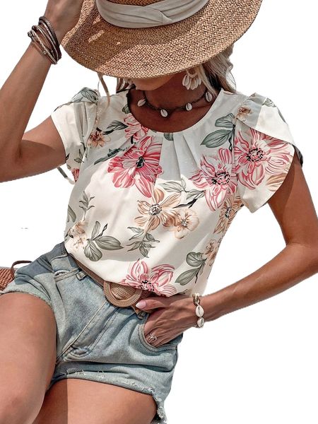 

floral print plicated detail petal sleeve blouse o8ax#, White